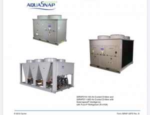 Máy làm lạnh làm mát bằng không khí 30RAP018-150 AquaSnap và máy làm lạnh làm mát bằng không khí 30RAP011-060 với tốc độ thông minh Greenspeed với chất làm lạnh Puron (R-410A), 50/60 Hz, 11 đến 150 tấn